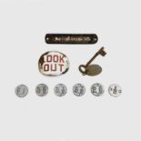 Railwayana, An enamel "Look Out" armband, a key, with brass label stamped "Upstairs Store" and other