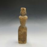 A primitive folk art carved wooden doll or figure, possibly a St Ives 'Joanna', height 30cm.