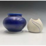 A Sue Dyer studio porcelain vase decorated with two blue lines, signed to base, height 7.5cm, and