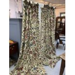 Crewel work curtains, interlined, with cream cotton lining. 244x120cm, 14cm deep hem.Condition