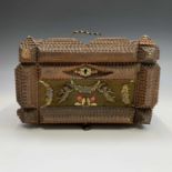 A chip carved tramp art jewellery box, circa 1900, with velvet lined interior and applied
