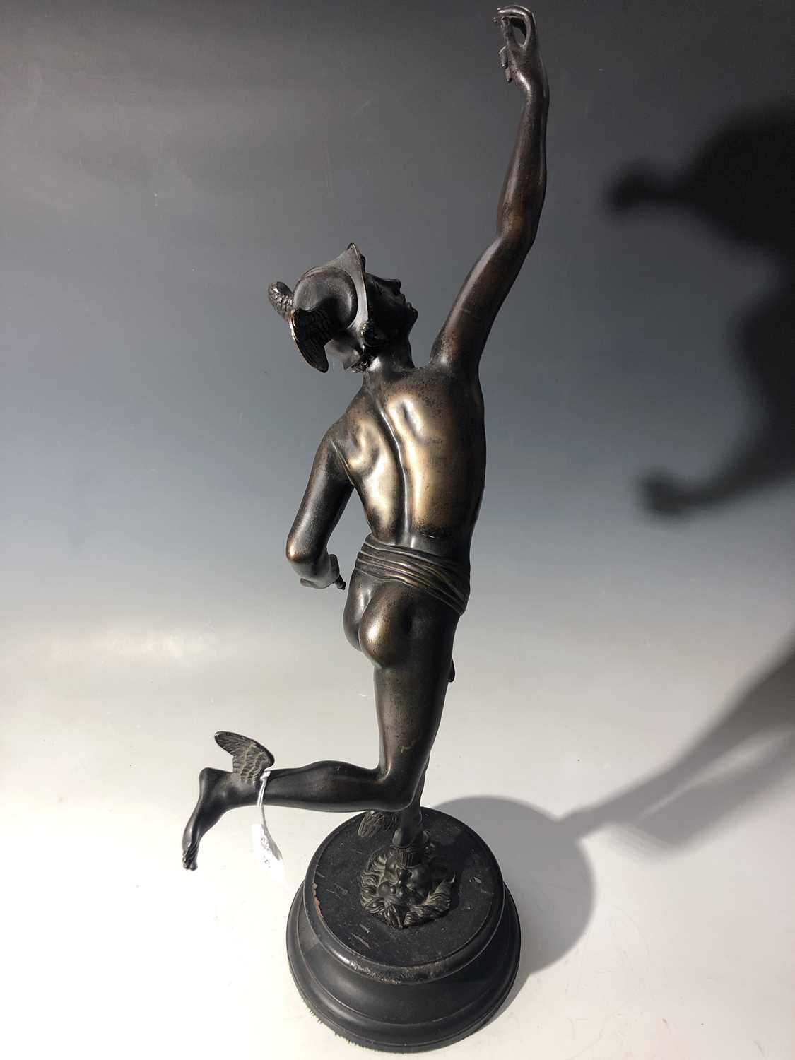 An early 20th century bronze figure of Mercury supported by a zephyr, after Gimbologna, on - Image 9 of 12