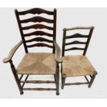 An oak ladderback armchair, 19th century and an elm ladderback side chair, 19th century.