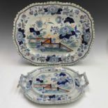 A 19th century Hicks and Meigh Stoneware meat platter, printed in blue and coloured with a fence