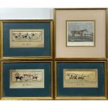 A set of three Stevengraphs The Meet, Full Cry and The Death together with a racehorse engraving