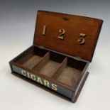 A Victorian mahogany retailer's cigar box, with verre eglomise glass front panel inscribed Cigars,