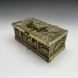 A Medieval style brass casket, 19th century, the top cast with figures within Gothic arches, the