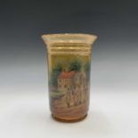 A continental amber glass vase, circa 1900, hand painted with a military scene of troops beside