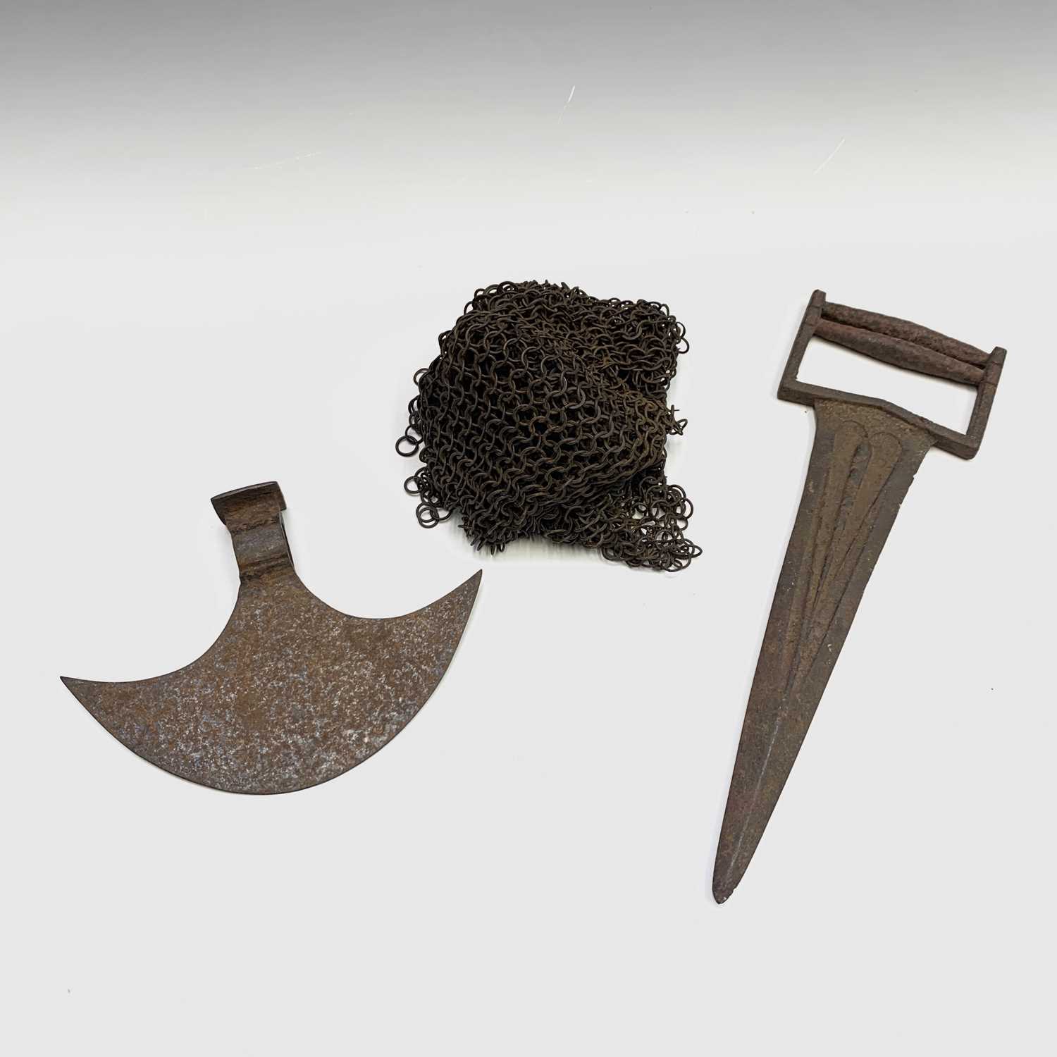 An Indian iron katar push dagger, with fullered blade, length 26cm, together with a half round axe