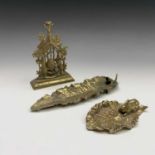 A French cast brass figure of a rabbit on a leaf, circa 1900, signed Bernard, length,17cm, a similar