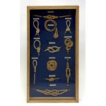 A West country sailor's hemp knot board, the glazed frame containing eleven named examples including