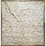 A gold embroidered brocade throw, eau de nil ground with pretty floral motifs, gold braid edging and