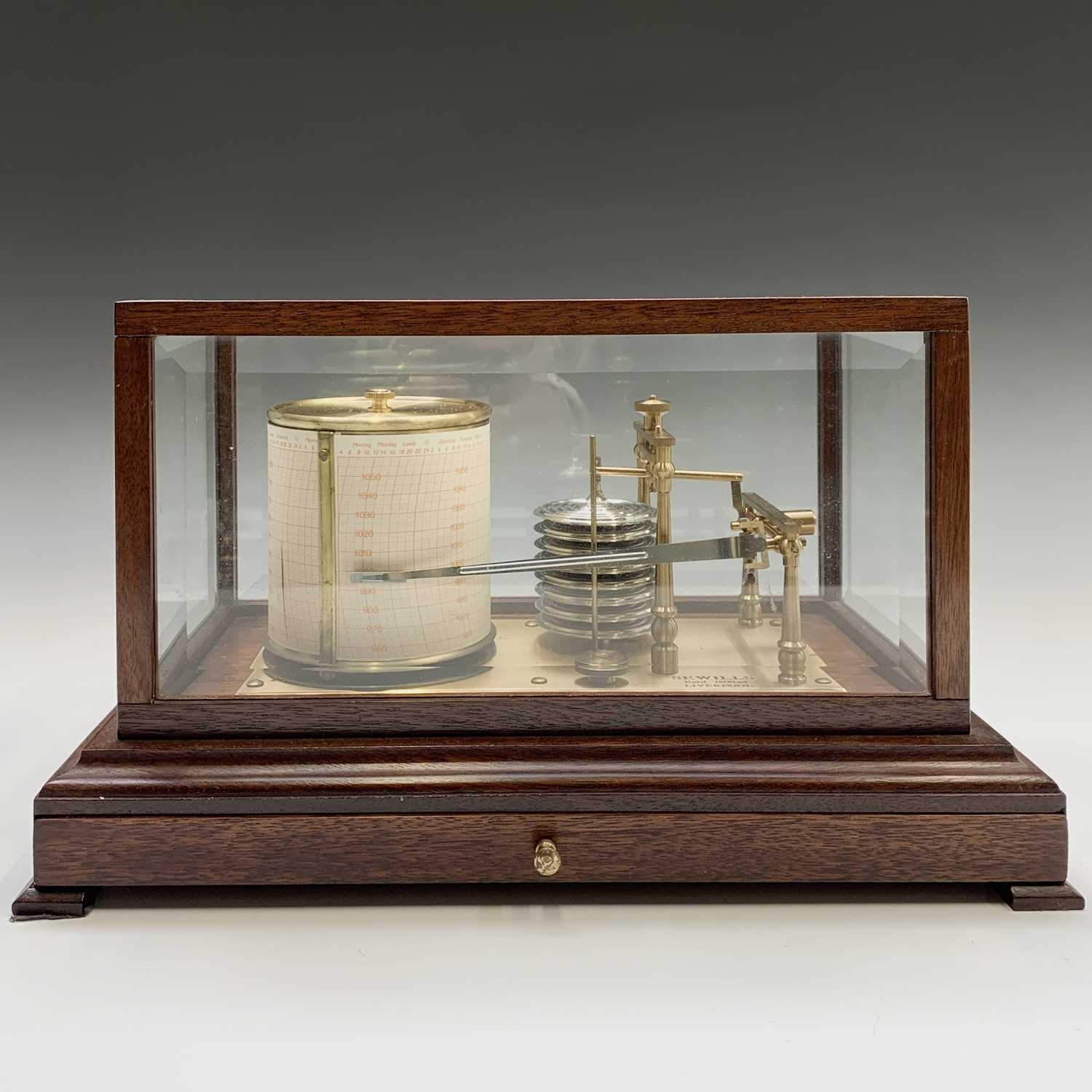 A mahogany barograph by Sewills, Liverpool, second half 20th century, bevel glass panels and - Image 5 of 5