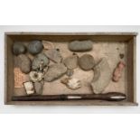 A box of antiquities and fossils to include Egyptian beads, a figure, bronze age pottery shards
