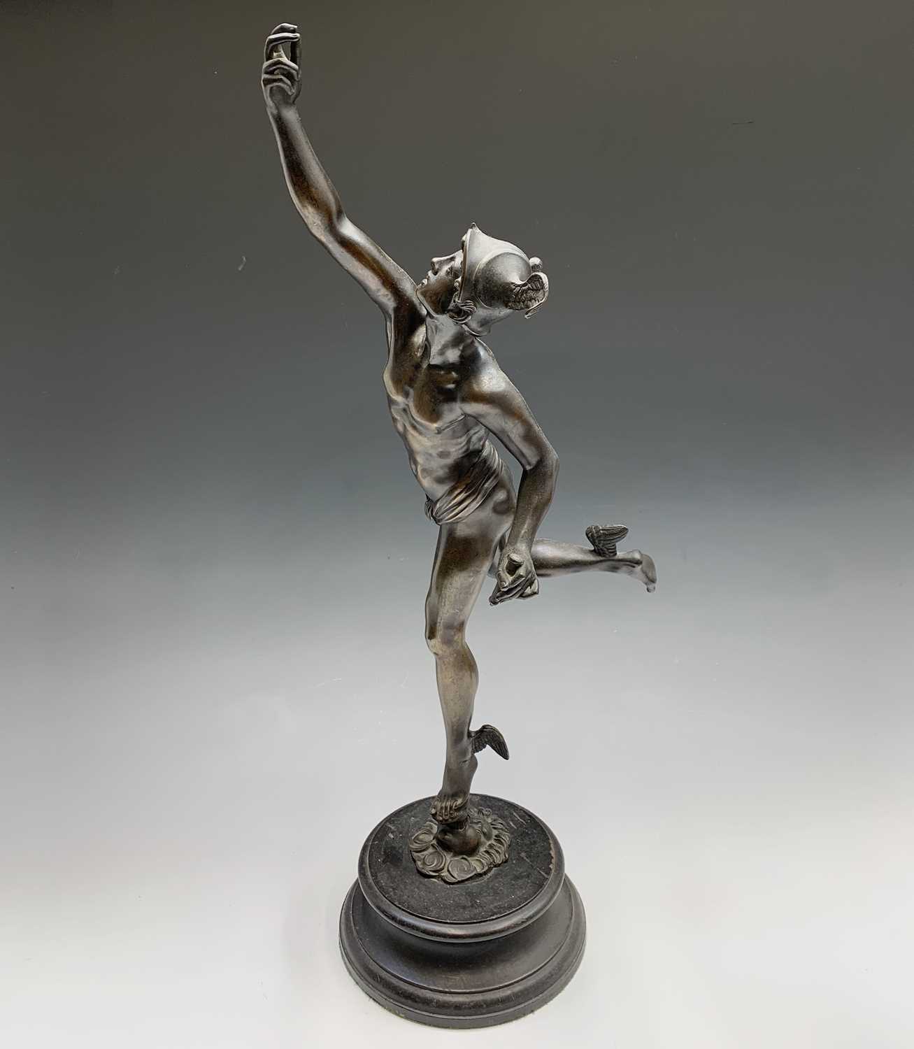 An early 20th century bronze figure of Mercury supported by a zephyr, after Gimbologna, on - Image 2 of 12