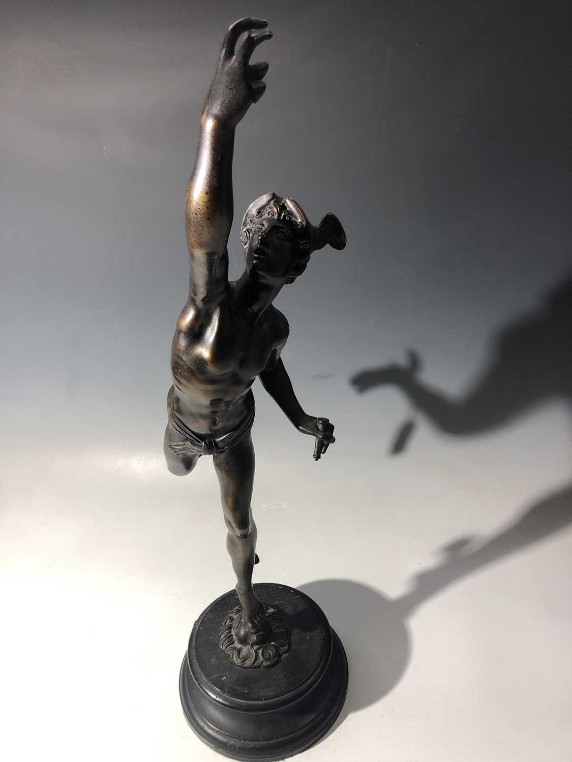 An early 20th century bronze figure of Mercury supported by a zephyr, after Gimbologna, on - Image 7 of 12