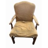 A mahogany upholstered open armchair, 18th century, with padded back, arms and seat, on square