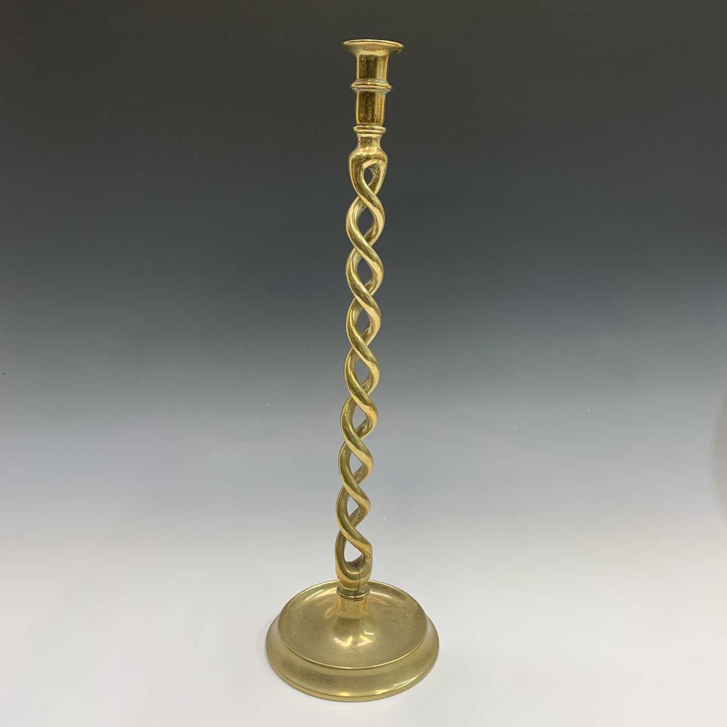A late Victorian tall brass twist candlestick, height 52cm, together with six various brass - Image 18 of 20
