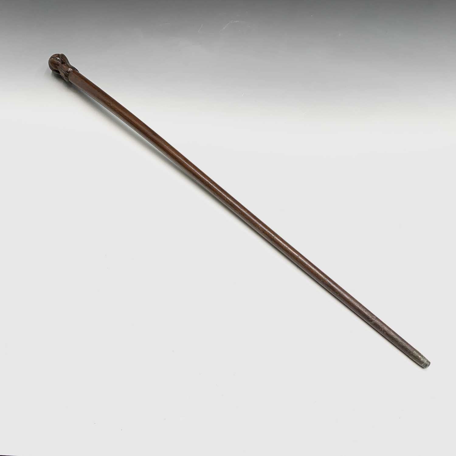 A lignum vitae cane, with turned knop, together with a further cane with carved finial, length - Image 3 of 5