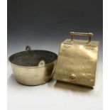 A Victorian brass coal box with hinged lid and overhead handle, width 35cm, together with a heavy