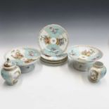 A late 19th century continental porcelain part dessert service, painted with panels of figures in