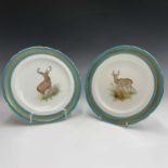 A pair of Minton porcelain dessert plates, circa 1875, enamelled with a stag and a deer