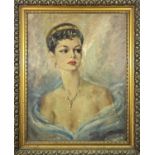 A 1950's oil on board portrait of an elegant woman, 72 x 56cm.