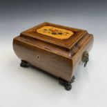 A Regency rosewood, inlaid and floral painted sewing box, of slightly bombe form, the fitted