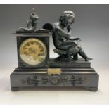 A 19th century French black slate and bronze mantel clock, the case with contemplative cupid