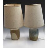 A Tremaen studio pottery table lamp with shade, with original adhesive label, overall height 65cm,