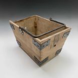 An Edwardian metal bound pine housemaid's box with swing handle. Height 22.5cm, width 36cm, depth