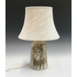 A studio pottery table lamp, probably Tramaen, with impressed cow parsley decoration, with shade.