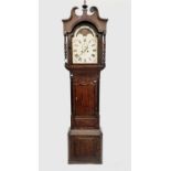 A 19th century oak and mahogany banded 8 day long case clock, the painted dial with moon phase arch,