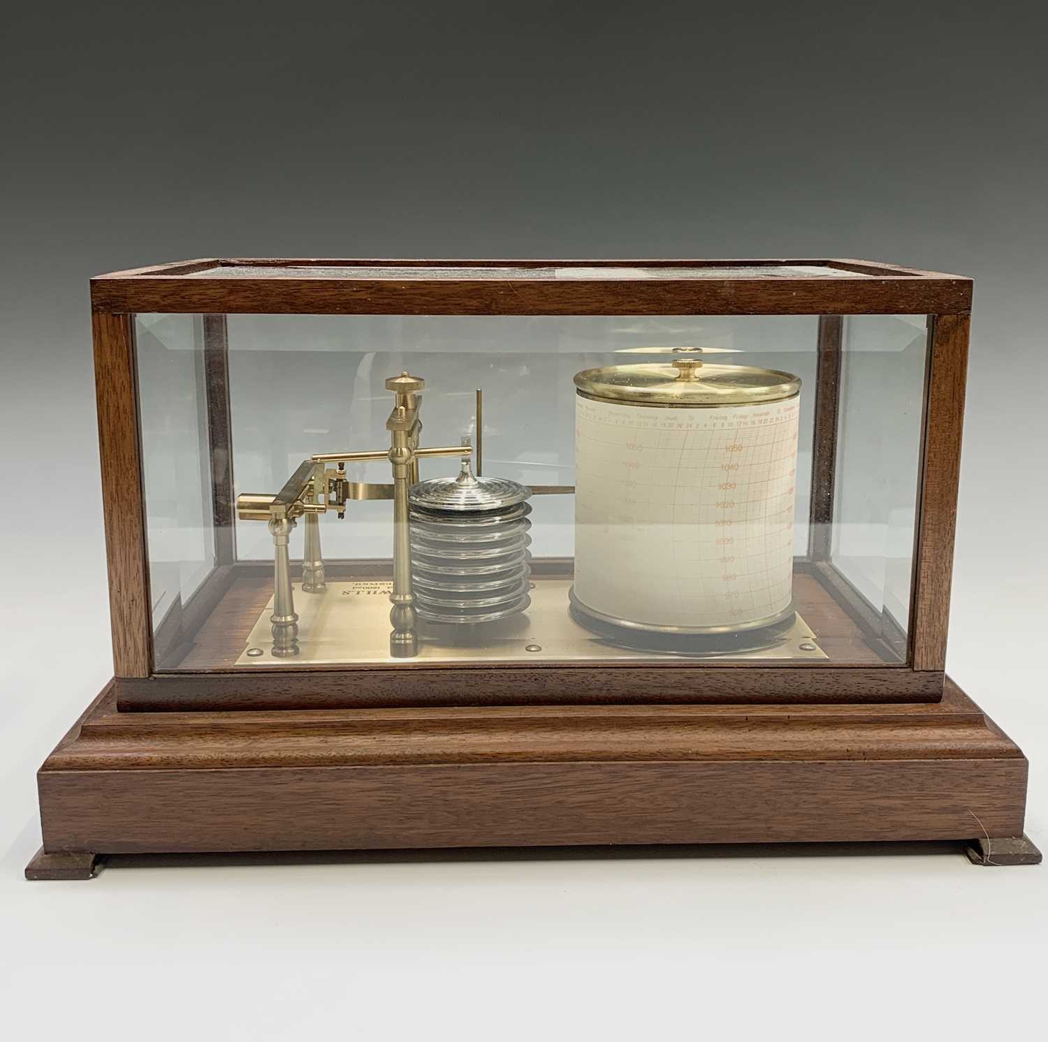 A mahogany barograph by Sewills, Liverpool, second half 20th century, bevel glass panels and