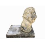 A reconstituted stone lion on a rectangular base. Overall height 59cm.