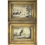 A pair of George III black and white thread, silk ground pictures, one shows duck shooting and the