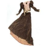 Victorian outfits, one brown velvet, distressed, one black and white striped fine voile (much