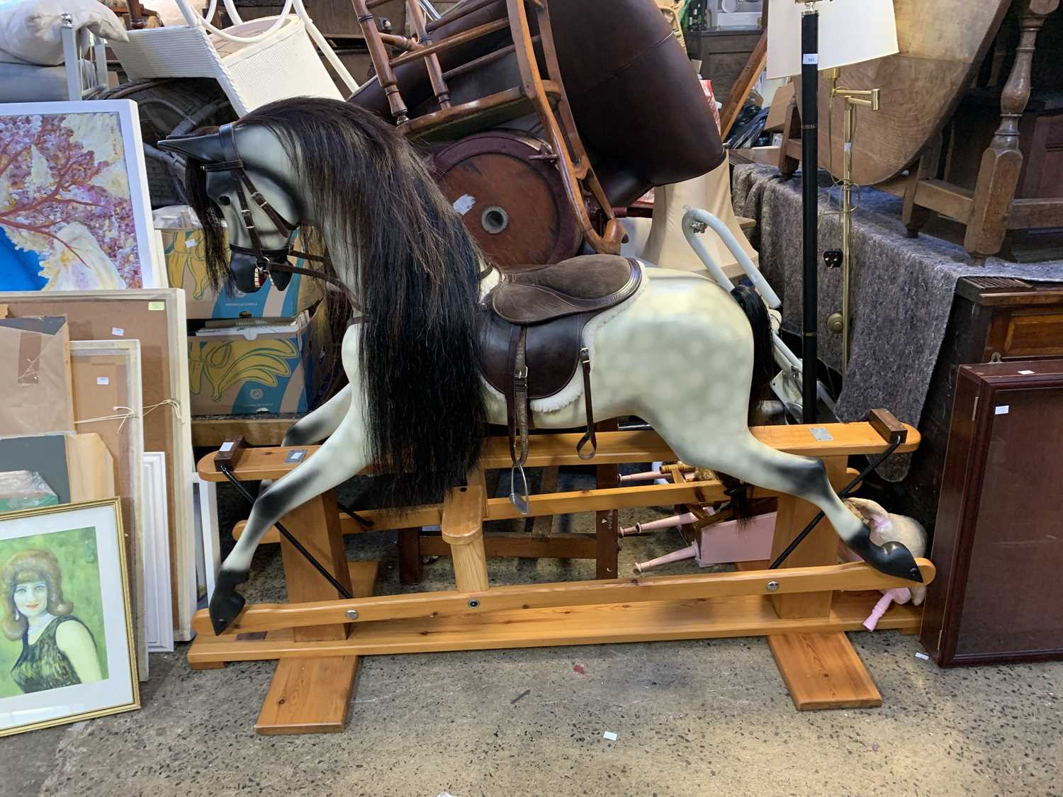 A rocking horse on a pine stand, dapple grey, bearing plaque inscribed 'Kipper Dobbin'. Length - Image 2 of 2