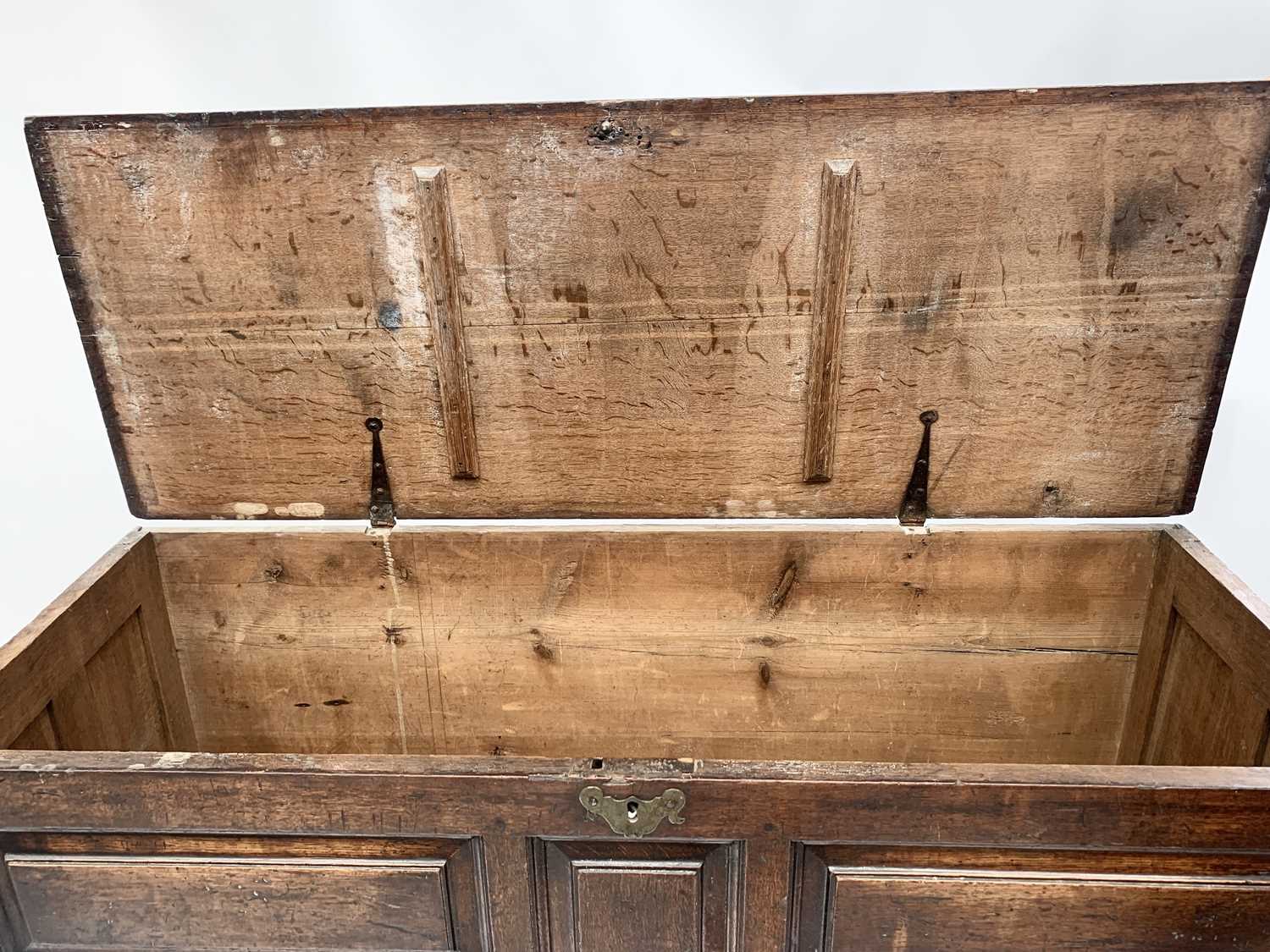 A George III oak mule chest, the front with seven fielded moulded panels above an arrangement of - Image 2 of 5