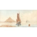 A late 19th-century watercolour, boats before St Michael's Mount, signed M Farquhar, 18.5 x 38cm