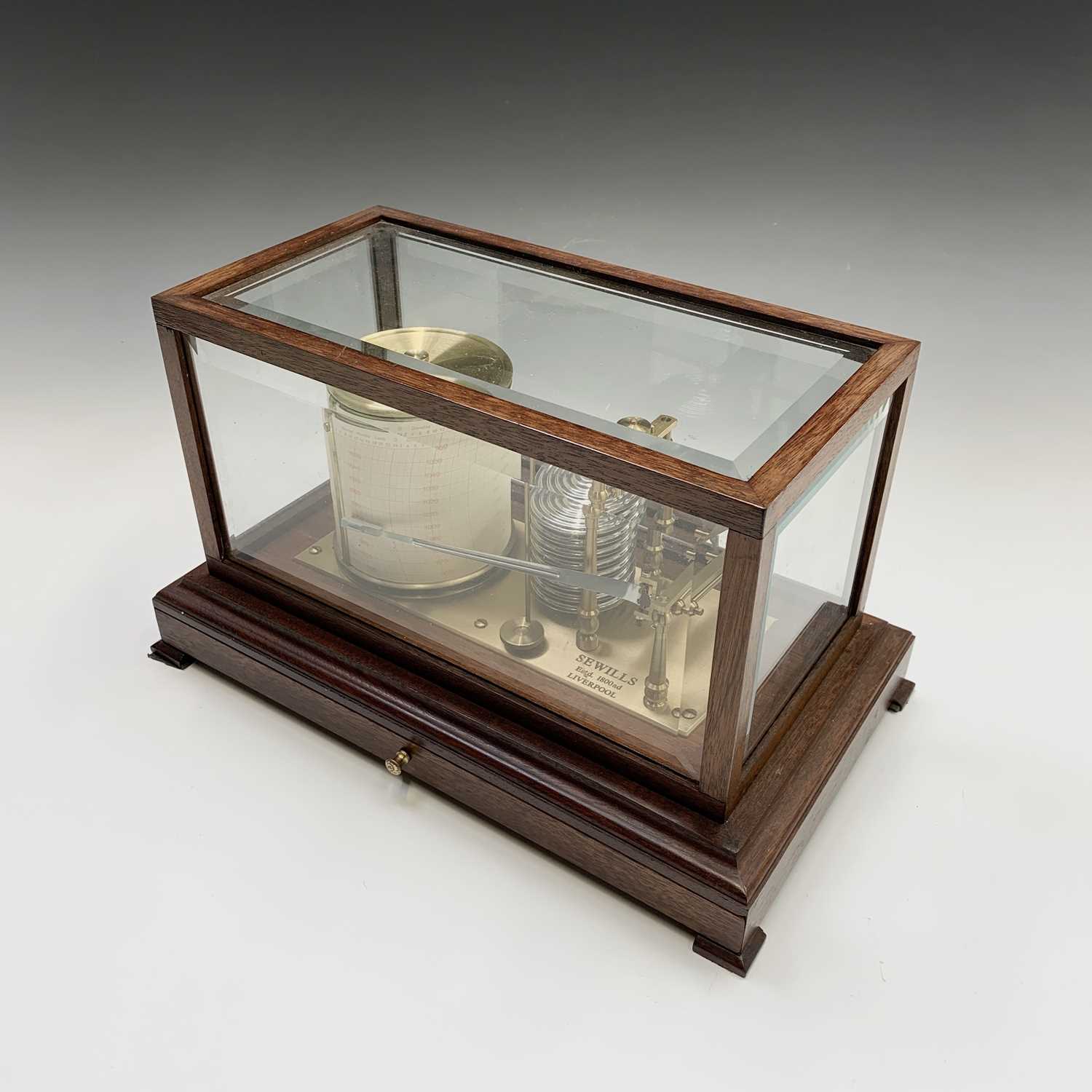 A mahogany barograph by Sewills, Liverpool, second half 20th century, bevel glass panels and - Image 4 of 5