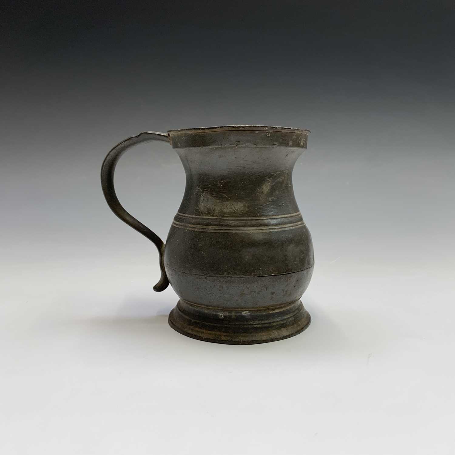 A 19th century pewter flagon with hinged cover, engraved with tulips and initialled G.A.K. and dated - Image 10 of 20