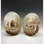A pair of oval earthenware plaques painted with pastoral scenes, circa 1880, indistinctly signed (