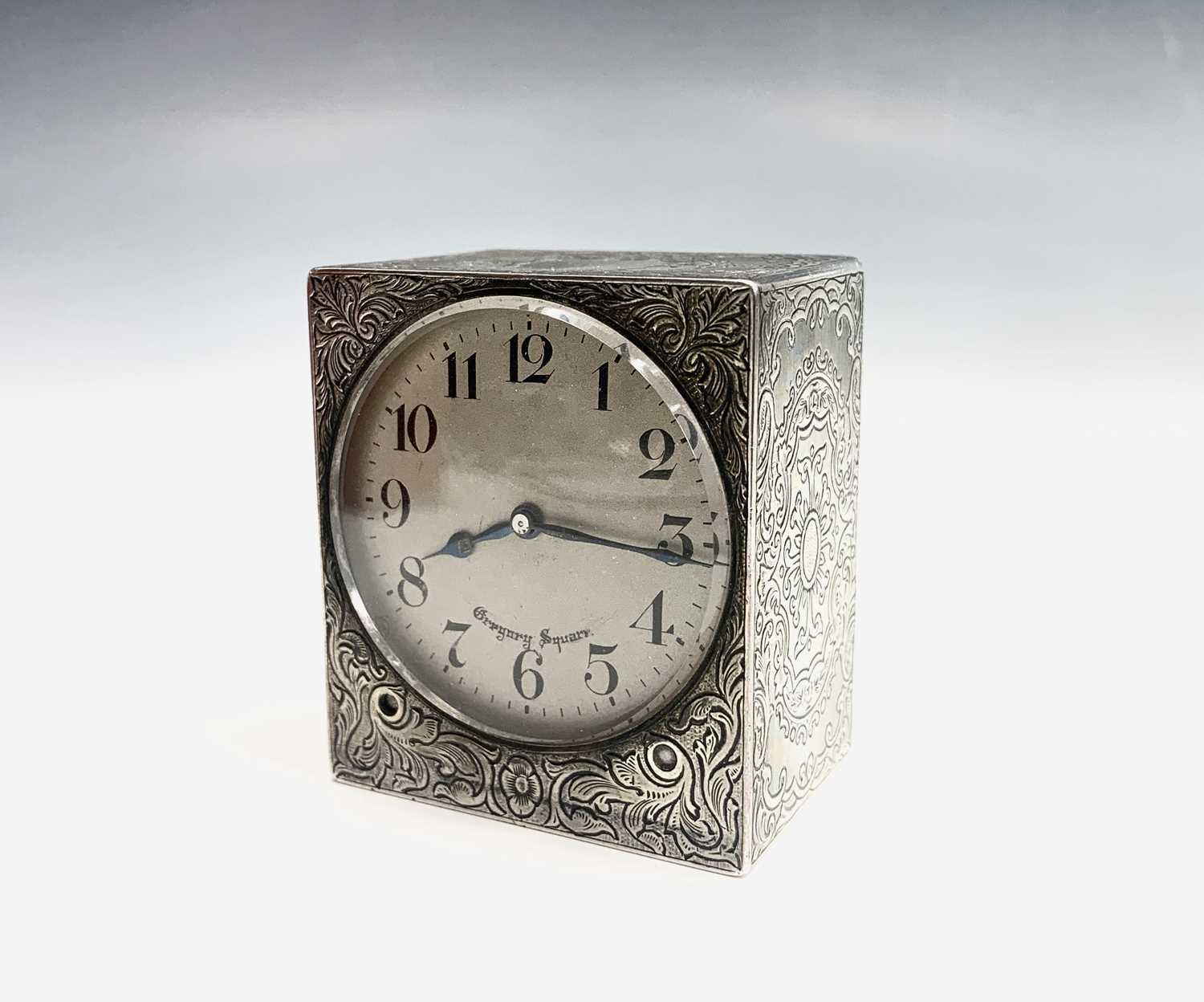 A French square silver carriage clock with engraved decoration to five sides the circular matte - Image 5 of 6