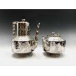 An aesthetic movement EPNS coffee pot and matching teapot engraved with typical designs and with