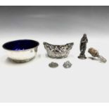 A Dutch silver small basket, a silver Virgin Mary seal and two silver fobs, a sugar bowl and a