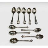 A set of five Victorian Old English pattern teaspoons, London 1885, and five silver coffee spoons,