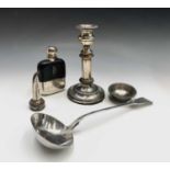 A Sheffield plated telescopic candlestick, a spirit flask, wine funnel and a soup ladle
