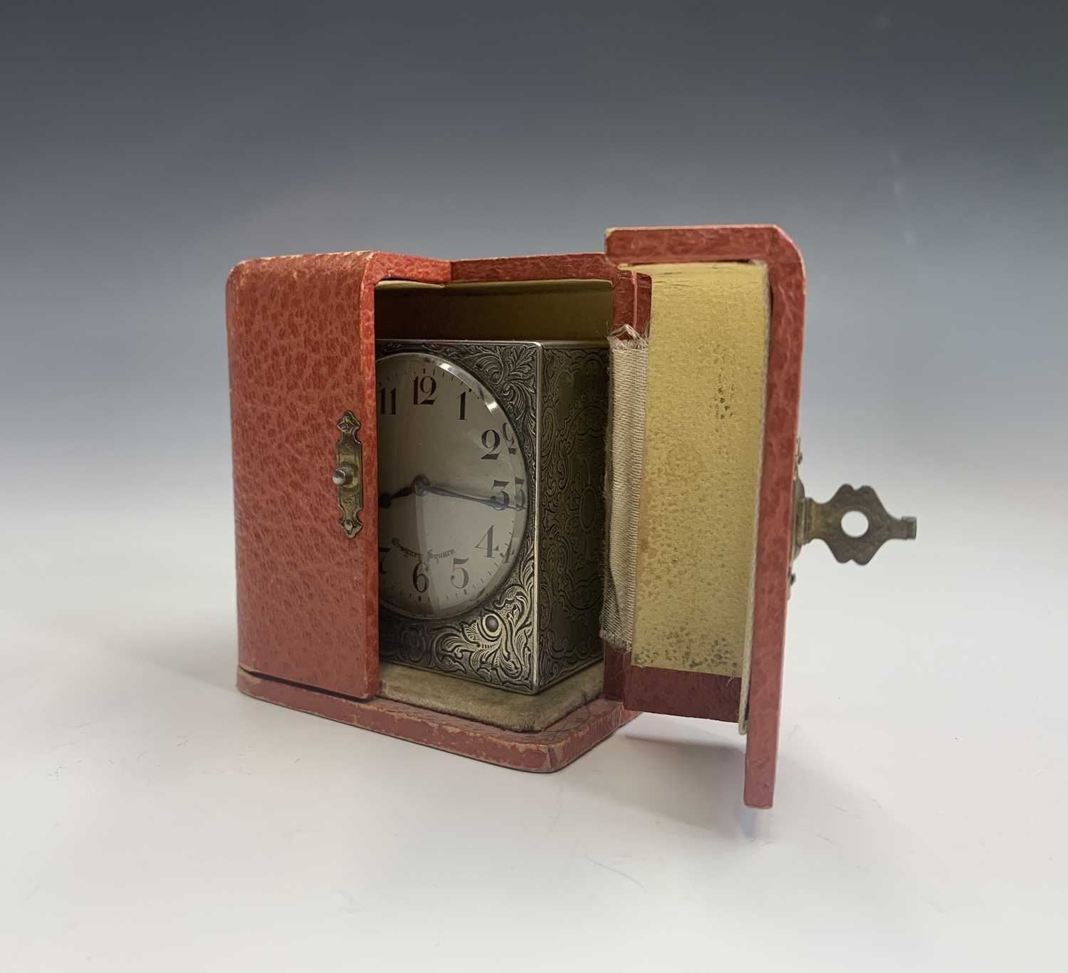 A French square silver carriage clock with engraved decoration to five sides the circular matte - Image 6 of 6