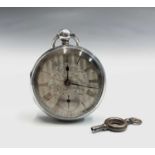 A silver key wind open face pocket watch, hallmarked Birmingham 1839. The face with engraved